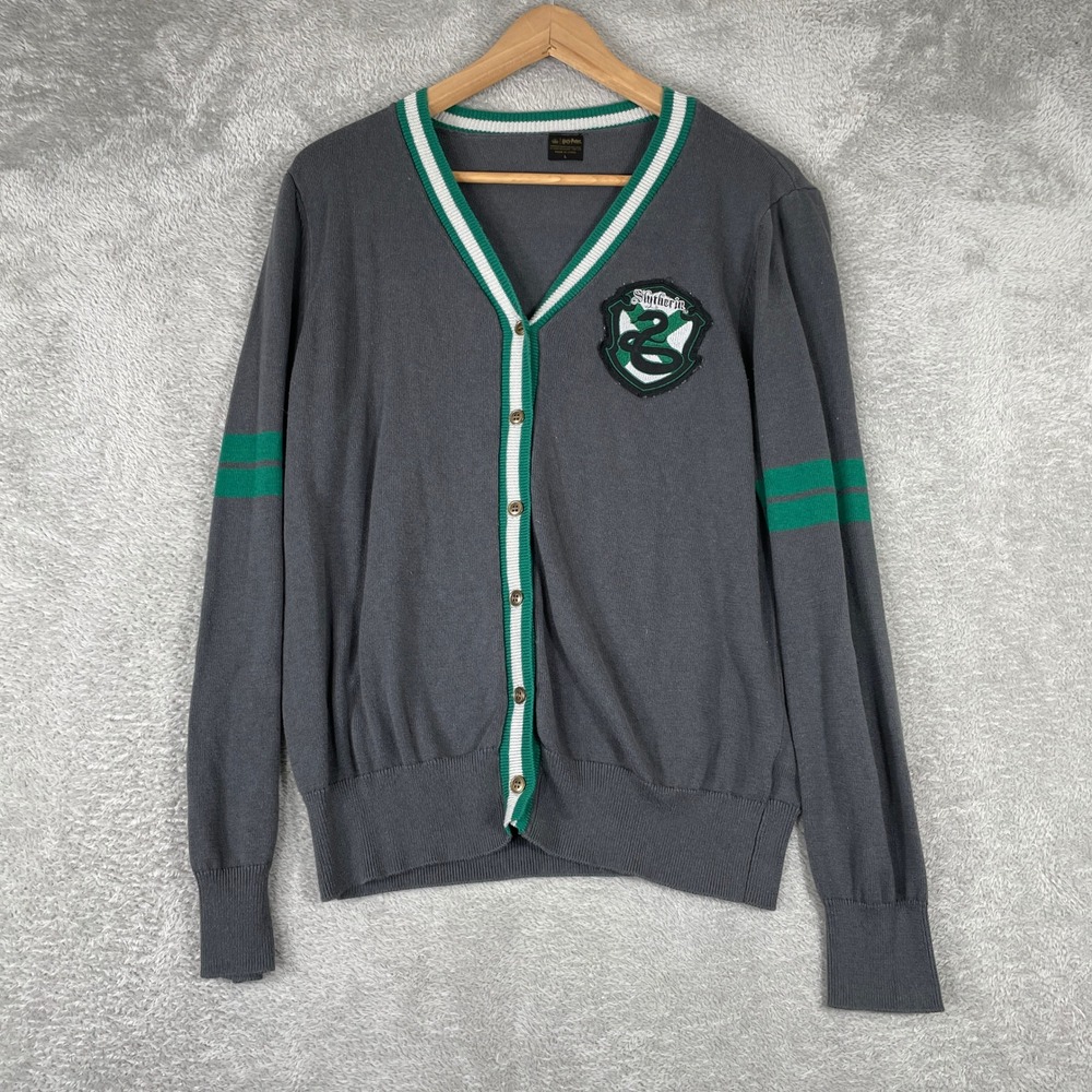 Harry Potter Cardigan Womens Large Gray Slytherin House Varsity Sweater Hogwarts